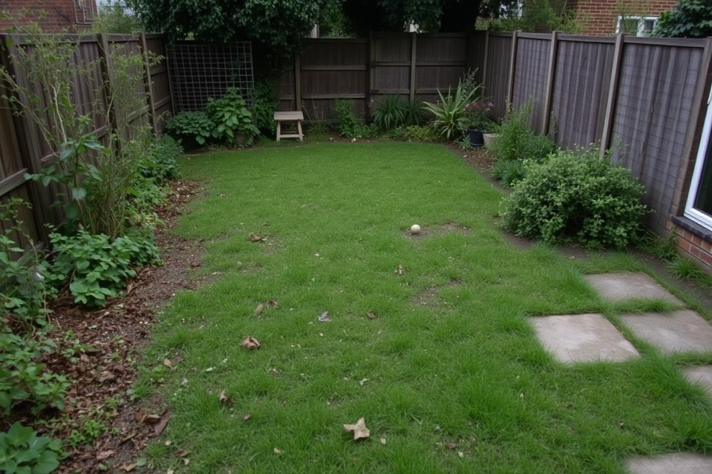 Tired garden before a fictional Evergrove renovation